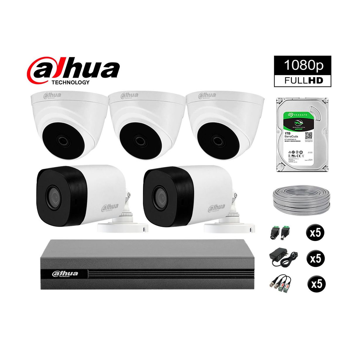 DAHUA - CÁMARAS SEGURIDAD DAHUA KIT 5 FULL HD 1080P + DISCO 1TB COMPLETO