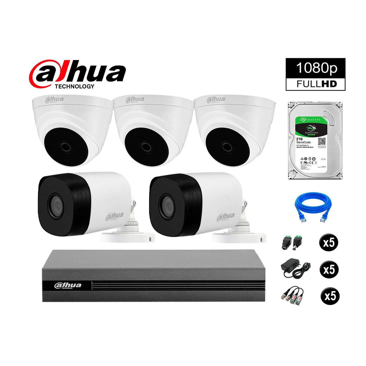 DAHUA - CÁMARAS SEGURIDAD DAHUA KIT 5 FULL HD 1080P + DISCO 2TB HDMI