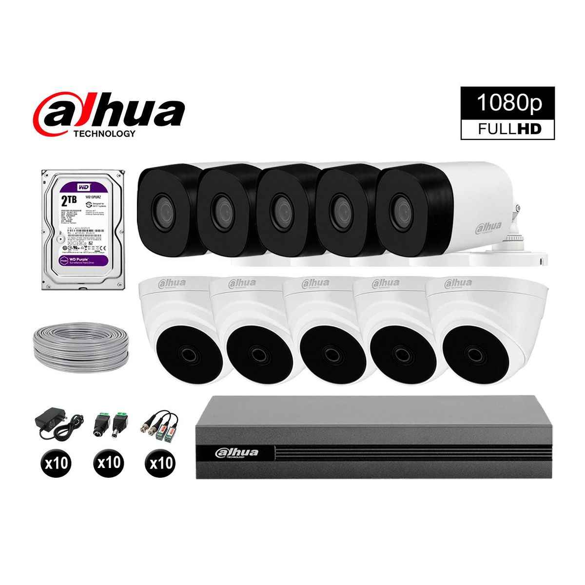 DAHUA - CÁMARAS SEGURIDAD DAHUA KIT 10 FULL HD 1080P + DISCO 2TB COMPLETO