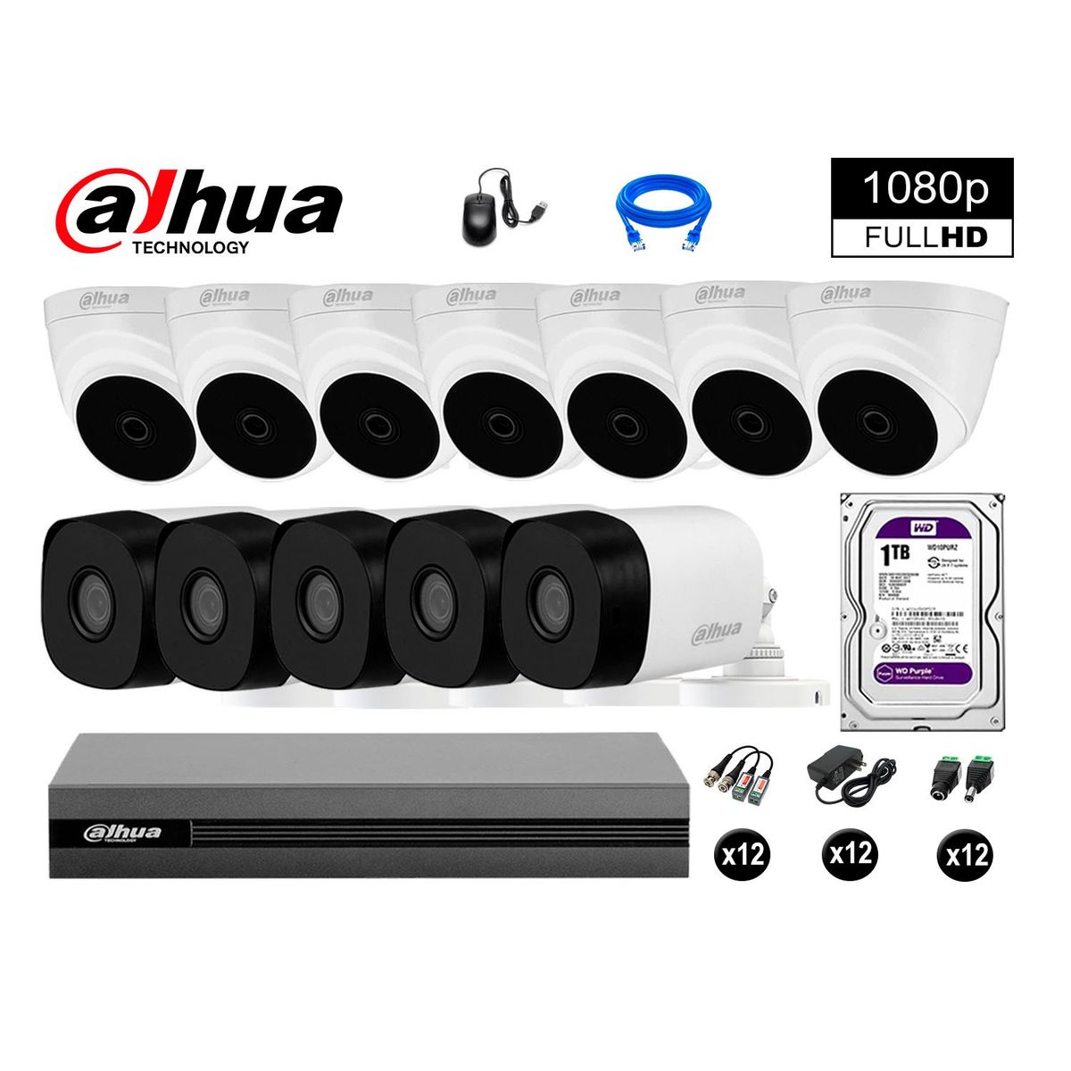 DAHUA - CÁMARAS SEGURIDAD DAHUA KIT 12 FULL HD 1080P + DISCO 1TB HDMI