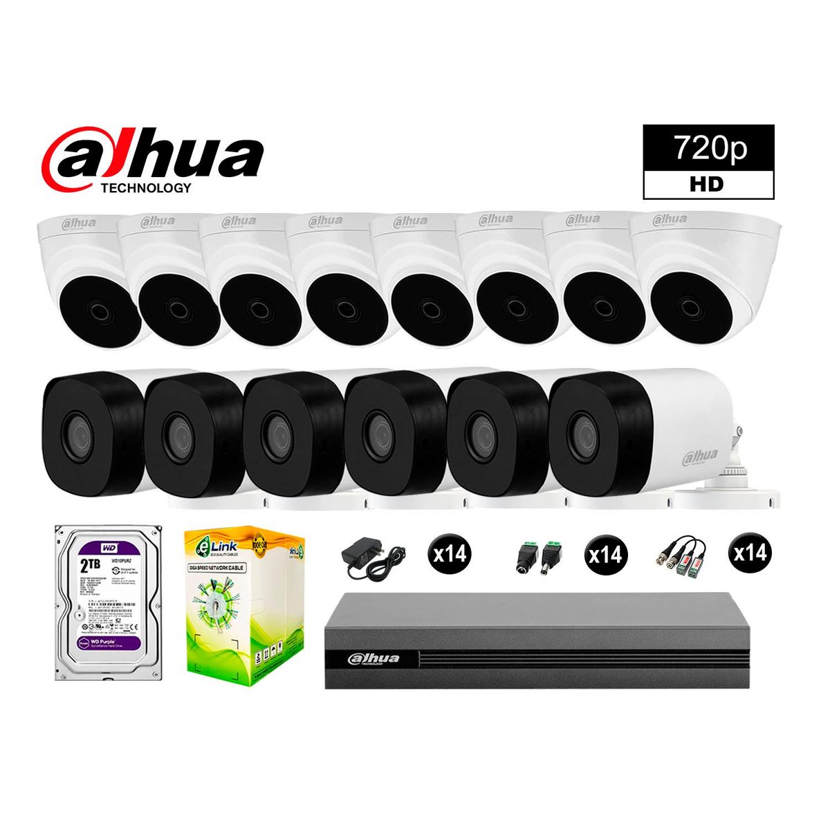 DAHUA - CÁMARAS SEGURIDAD DAHUA KIT 14 HD 720P + DISCO 2TB COMPLETO