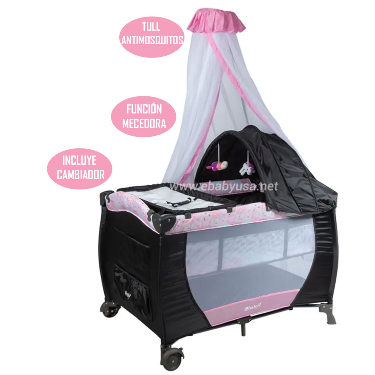 EBABY - Cuna Corral Mecedora Sally Rosado