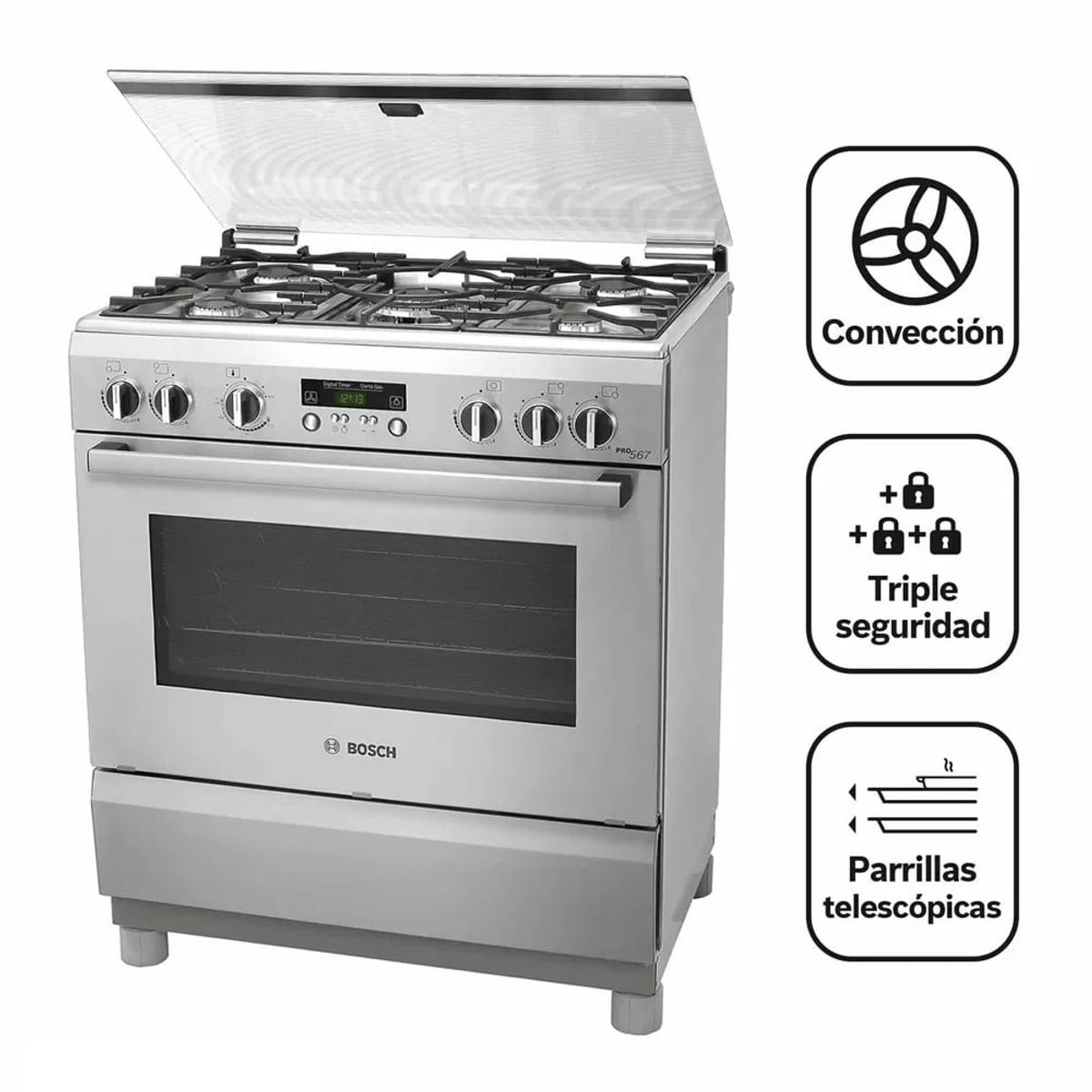 BOSCH - Cocina Bosch PRO567 IX a Gas de Pie 5 Hornillas Acero Inoxidable