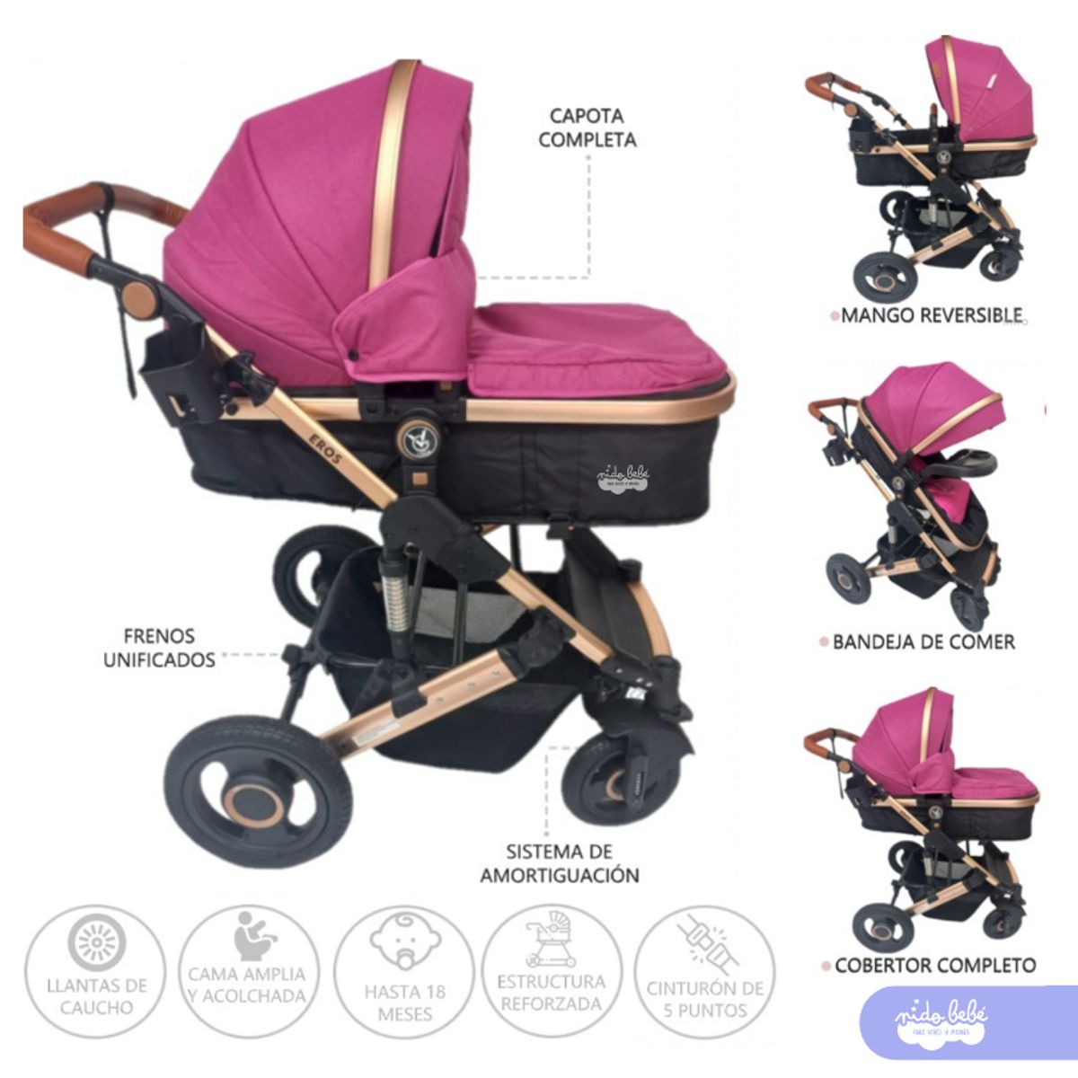 GENERICO - Coche moises EROS para niña color Mora