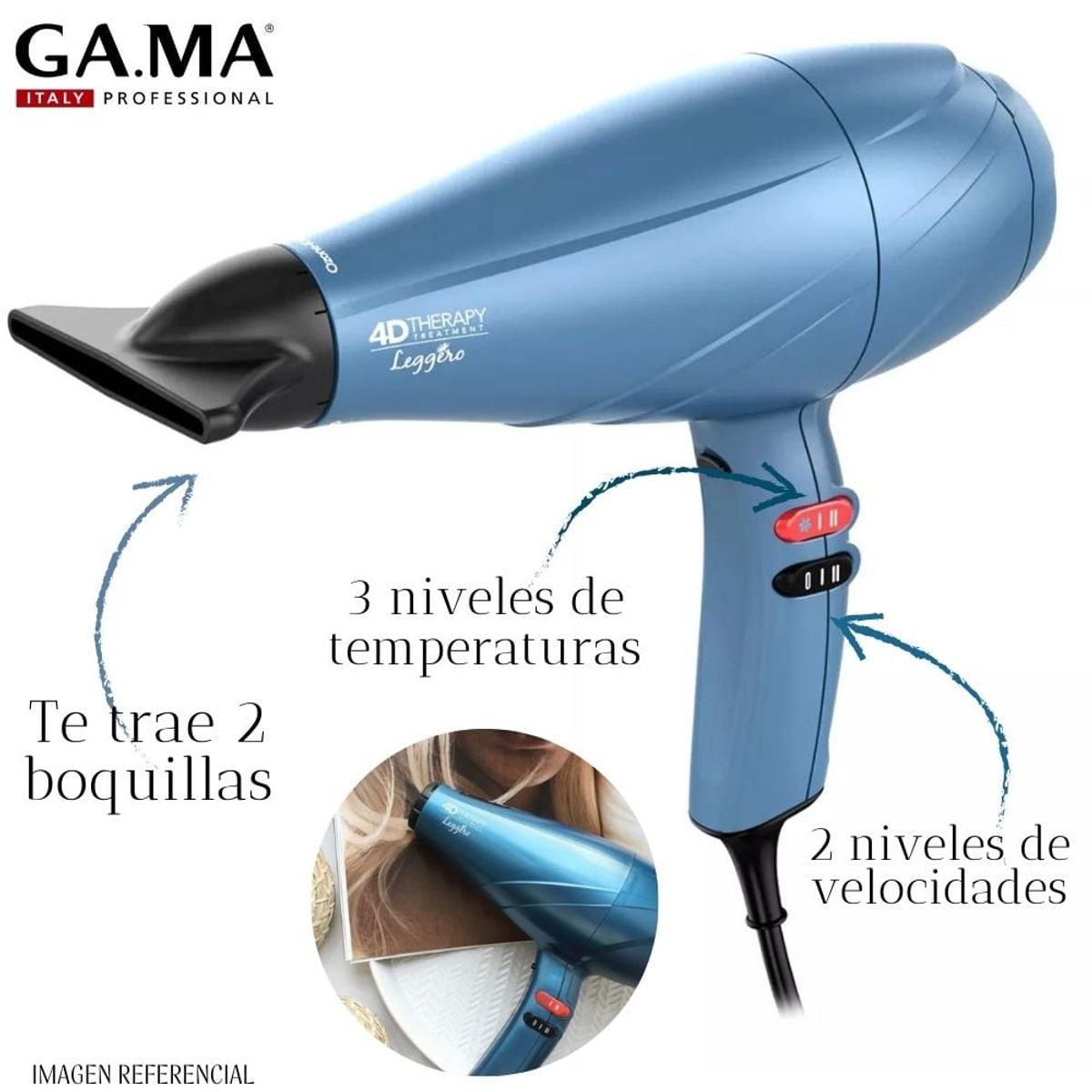 GAMA - Secadora Profesional Gama Leggero Ion 4D Therapy  2400w - AZUL