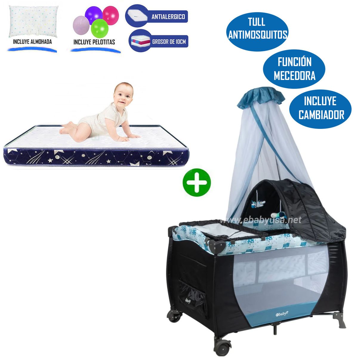 EBABY - Cuna Corral Mecedora Azul 716 + Colchón Azul