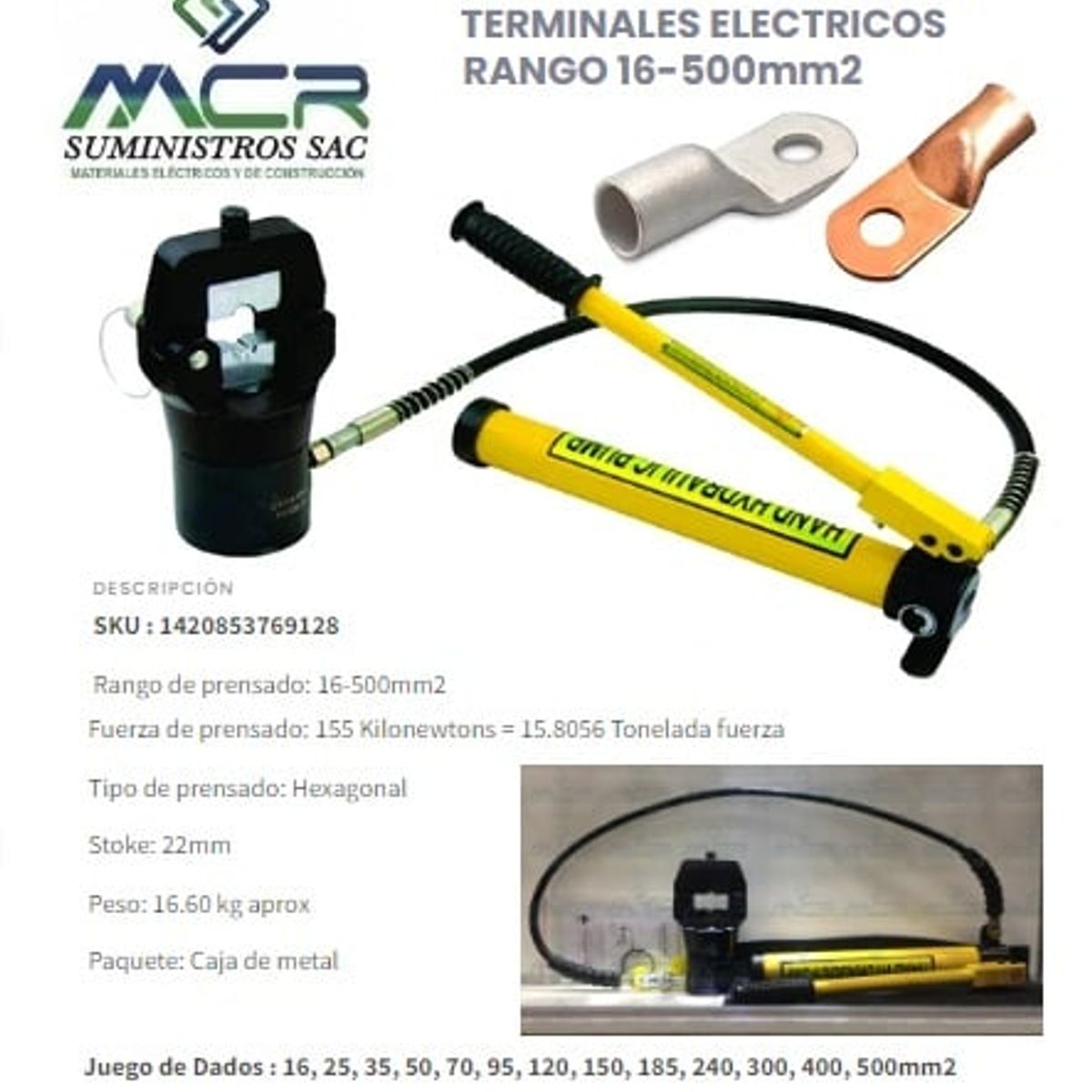 GENERICO - PRENSA HIDRAULICA PARA TERMINALES ELECTRICOS RANGO 16-500mm2 GIRATORIA