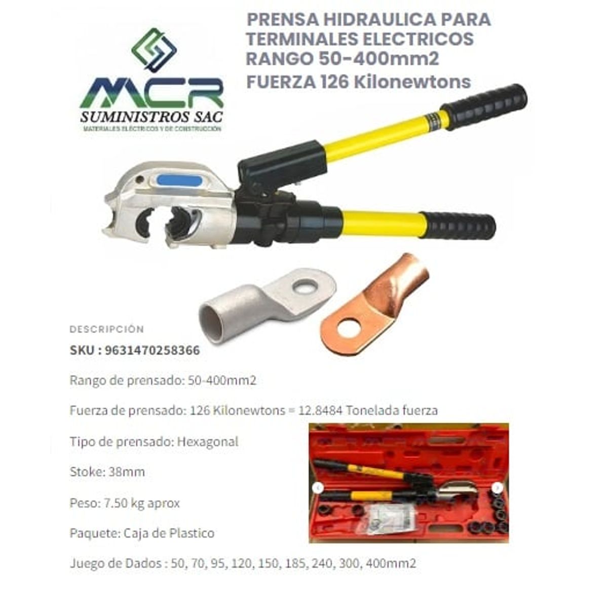 GENERICO - PRENSA HIDRAULICA PARA TERMINALES ELECTRICOS RANGO 50-400mm2 126 KN