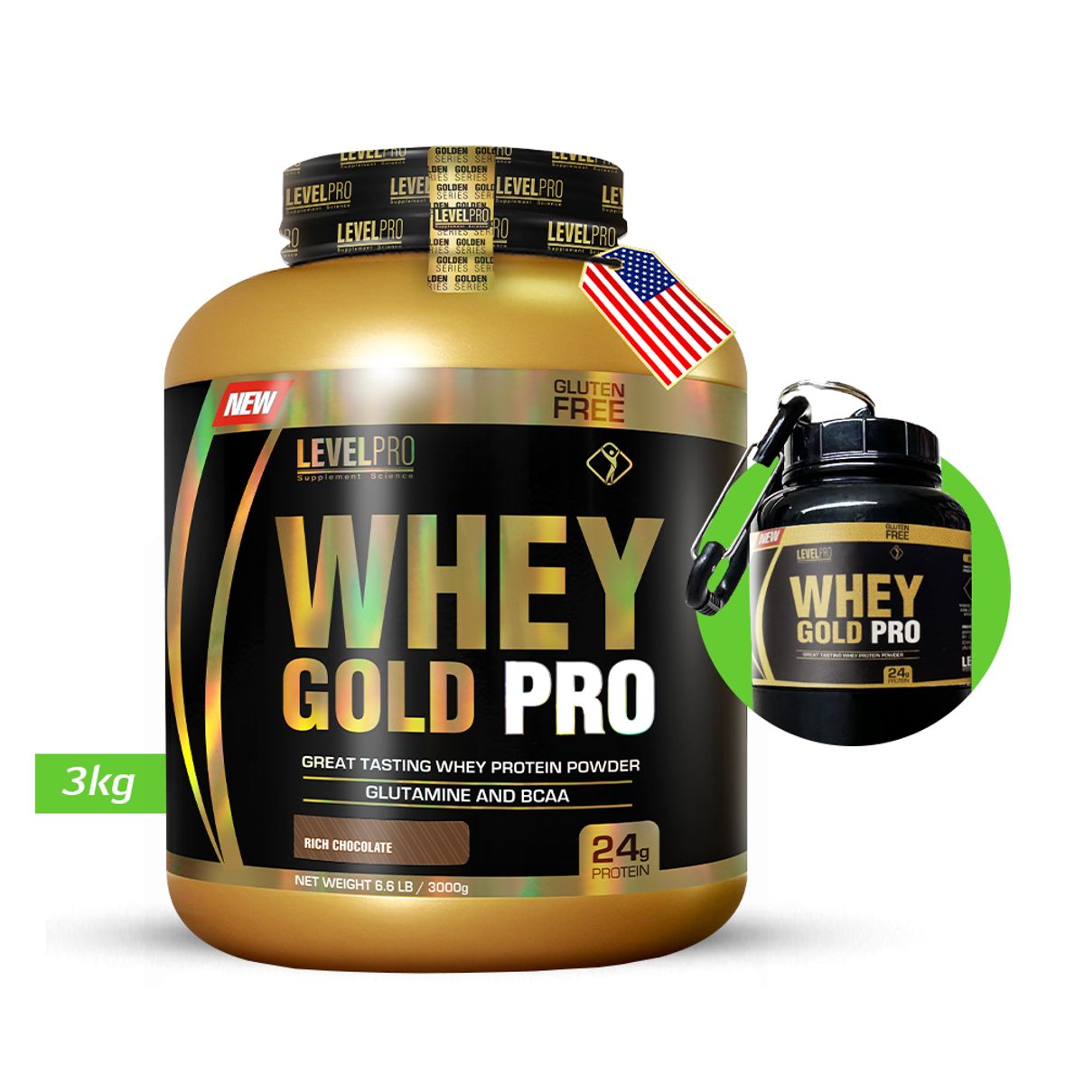 LEVEL PRO - LEVEL PRO WHEY GOLD PRO 3KG CHOCOLATE + PORTAPROTEINA