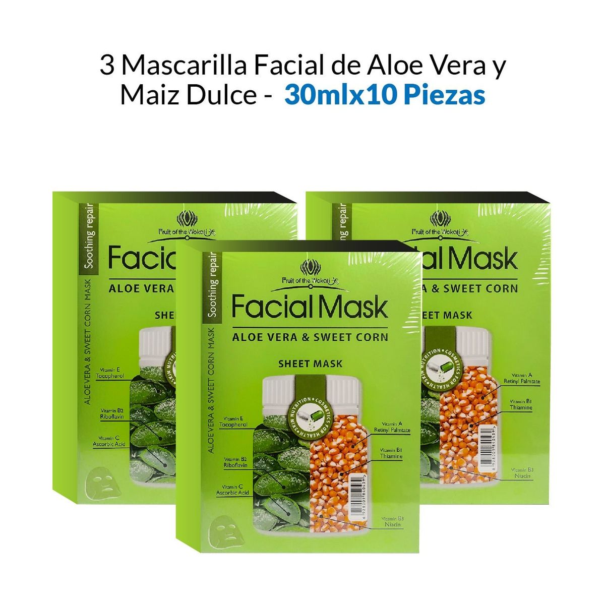 WOKALI - Mascarilla Facial Aloe Vera Y Maiz Dulce Wokali 30mlx10 Piezas 3 Pack