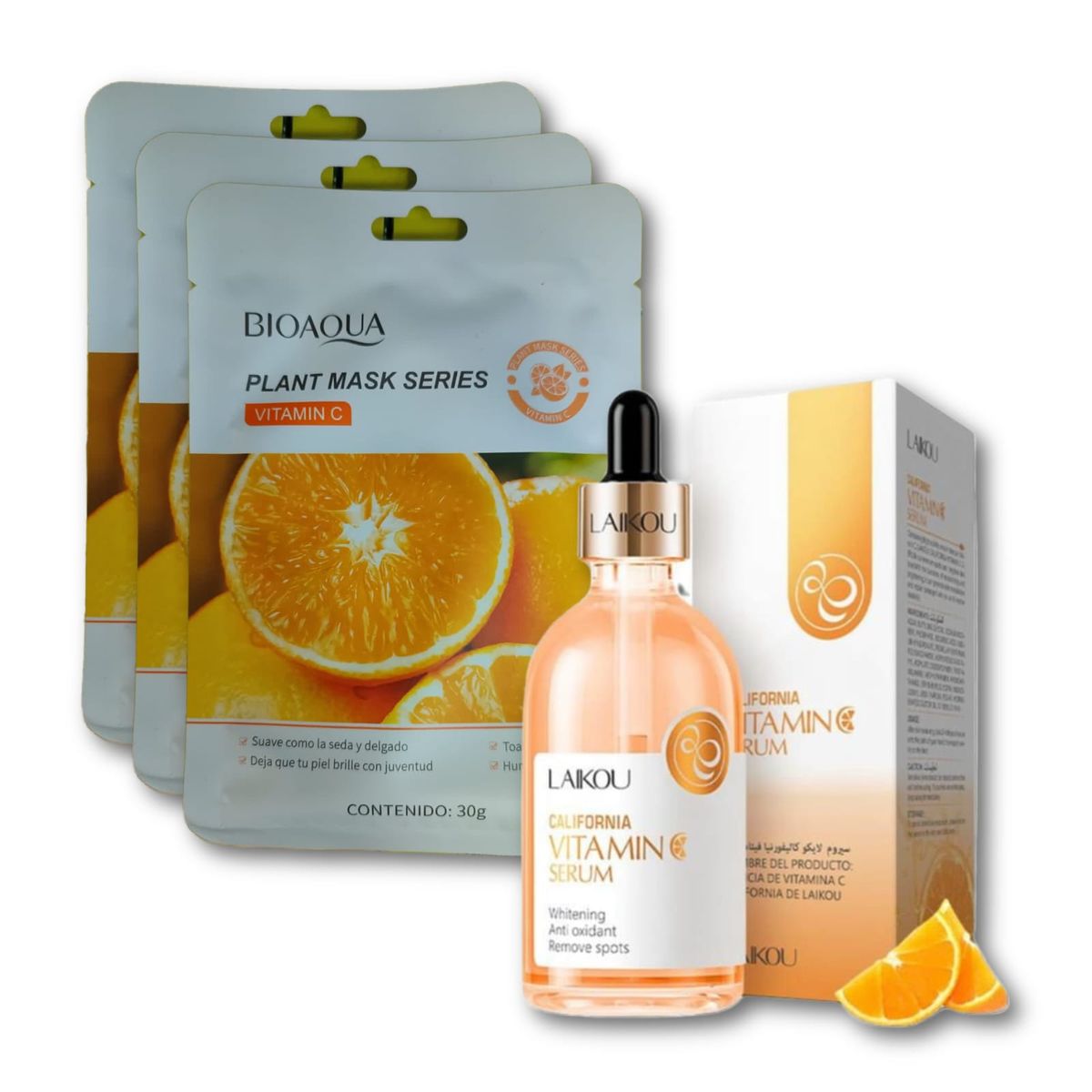BIOAQUA - Serum Vitamina C + 3 Mascarillas Hidratantes Vitamina C