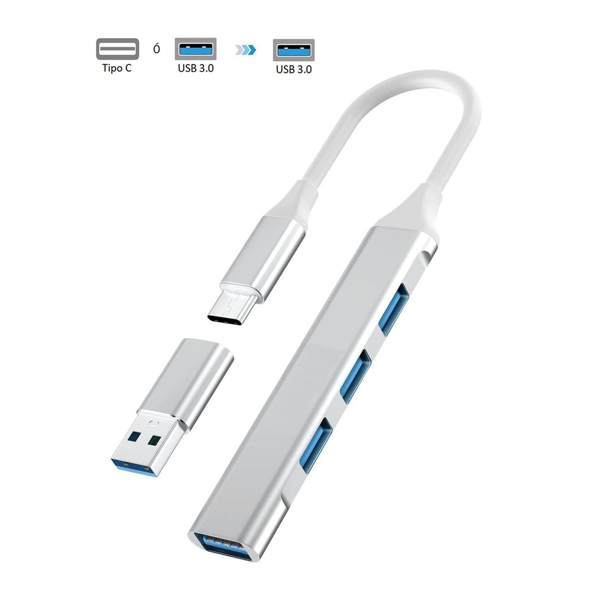 OEM - Adaptador Hub ALUMINIO Tipo C o USB 3.0 a 4 Puertos USB 3.0