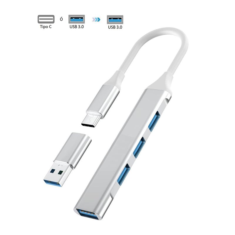 OEM - Adaptador Hub ALUMINIO Tipo C o USB 3.0 a 4 Puertos USB 3.0