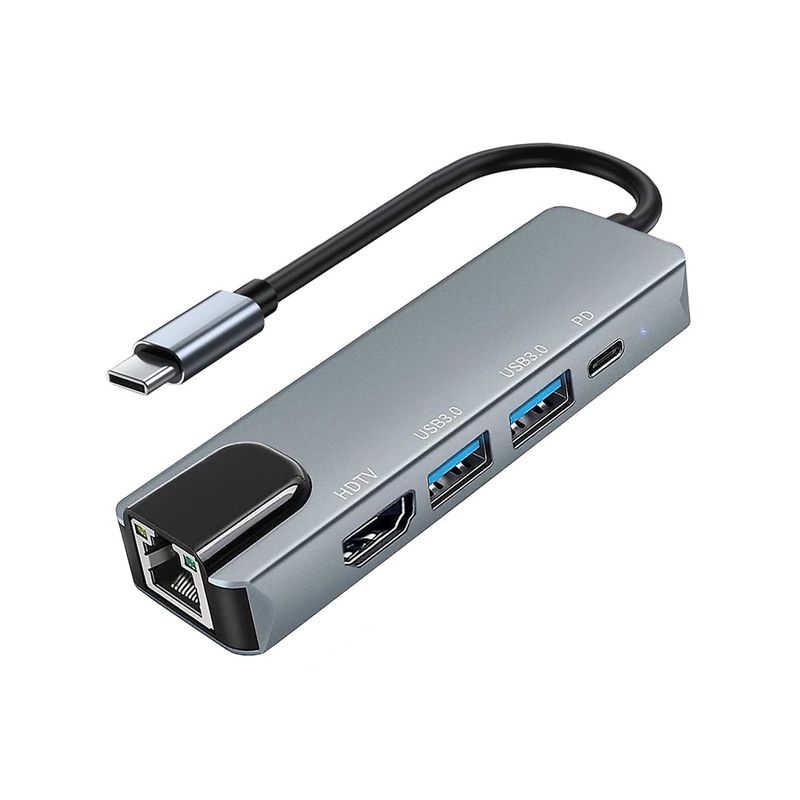 OEM - Adaptador Hub 5 en 1 Tipo C a RJ45, HDMI, 2*USB 3.0 y Tipo C