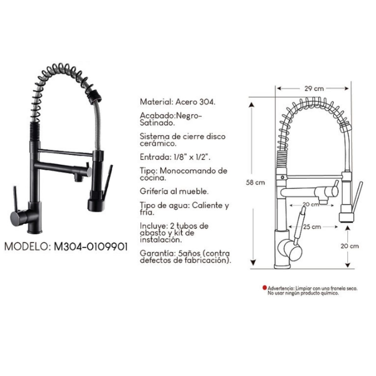 GENERICO - Mescladora de Lujo tipo Ganso para Cocina en Acero 304 Negro Satinado