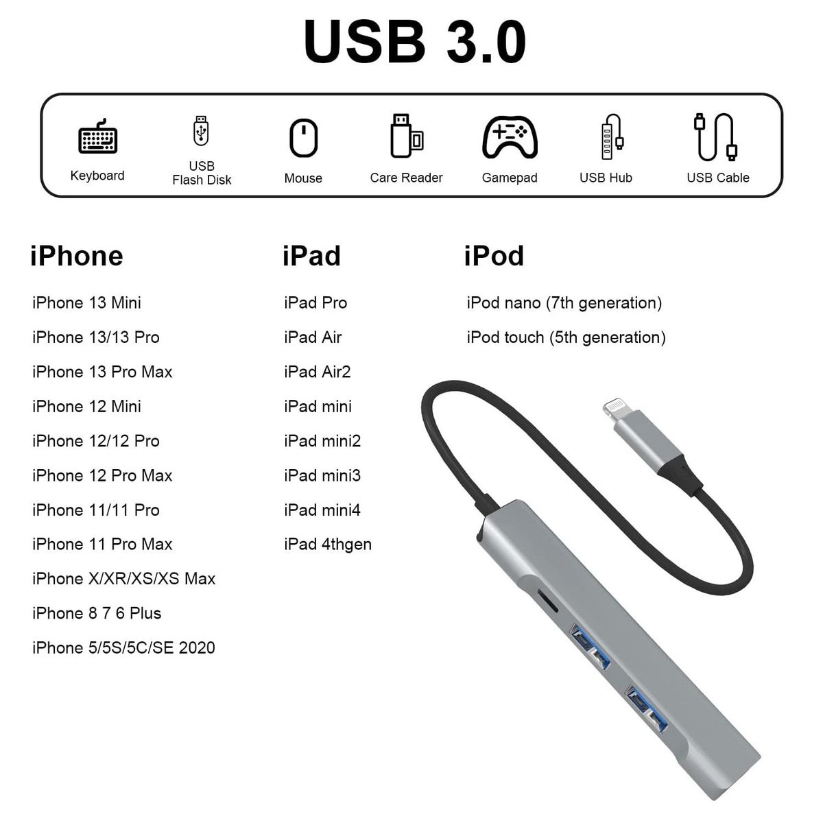 OEM - Adaptador 4 en 1 iPhone a 3*USB 3.0 y puerto IOS para carga