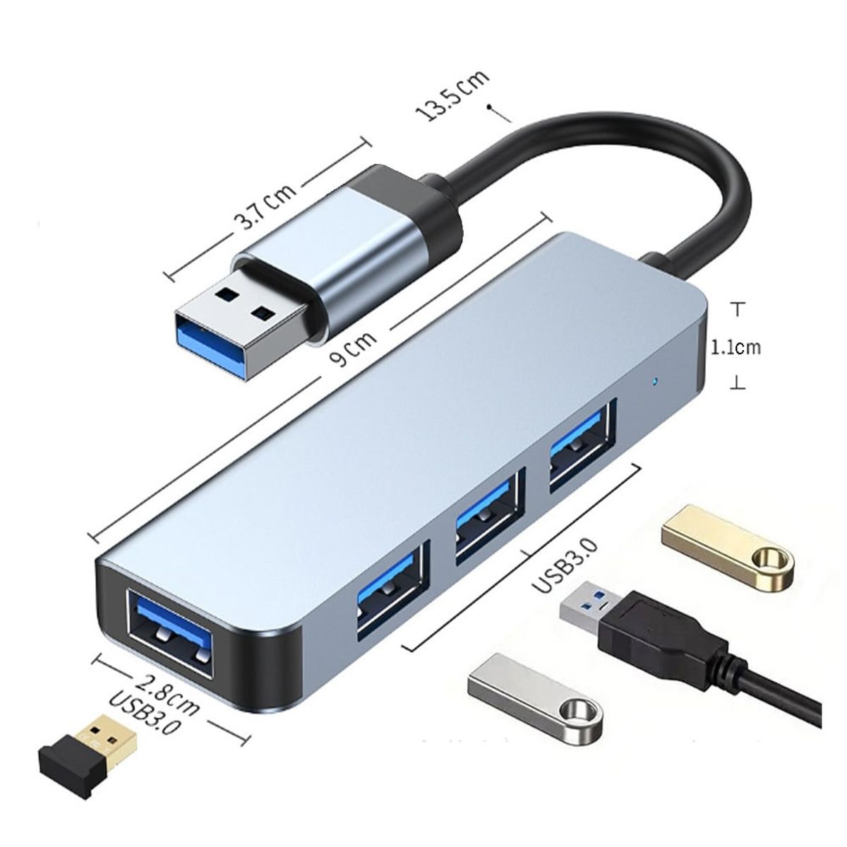 OEM - Adaptador Hub ALUMINIO USB 3.0 a 4 puertos USB 3.0 y luz LED