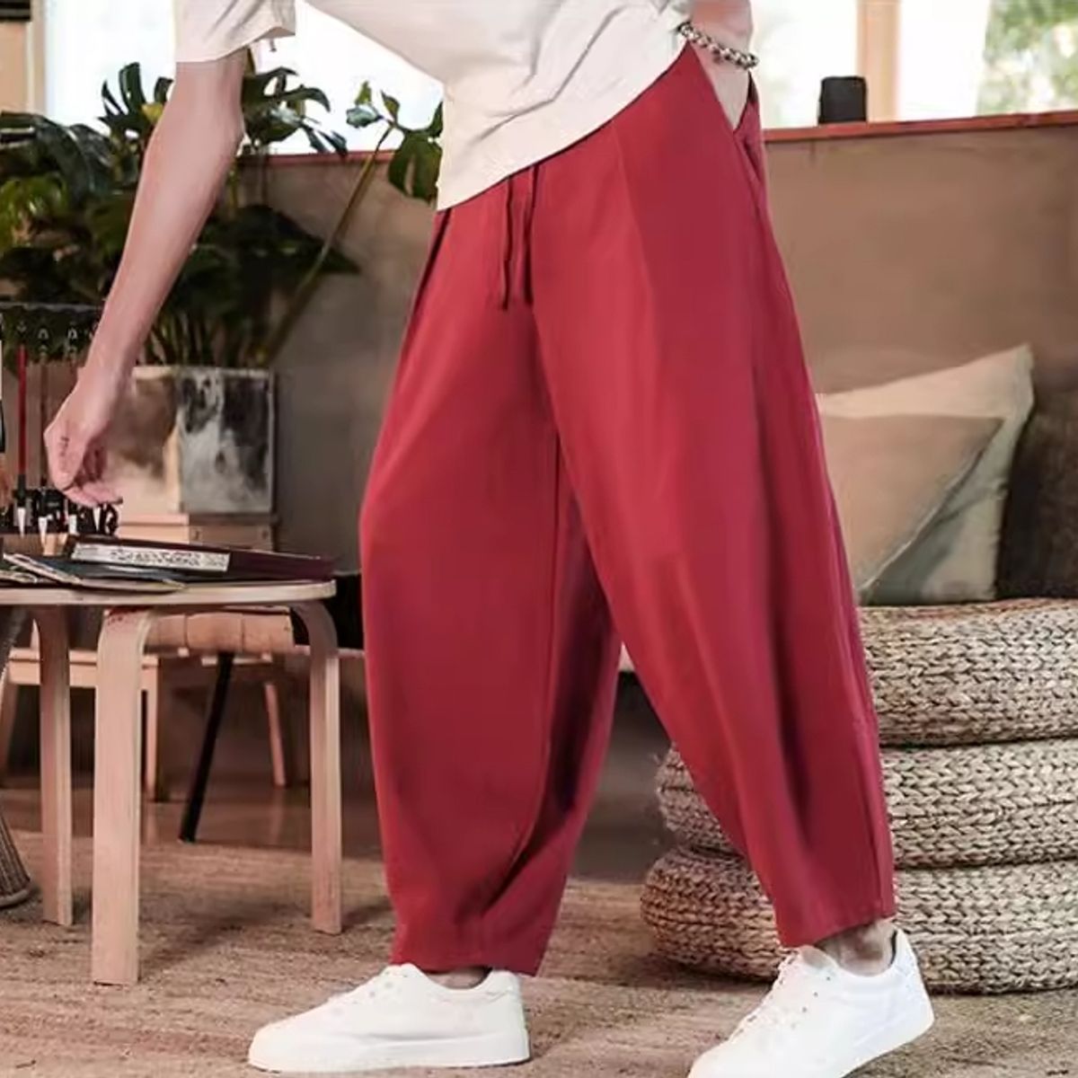 BLWOENS - pantalones baggy largos para hombres-Rojo