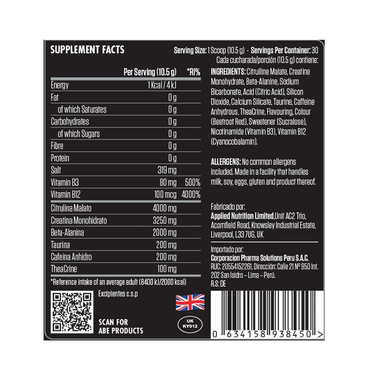 Applied Nutrition - ABE Ultimate 30 Serv. Pre entreno Sabor Sour Gummy - Tienda Fisica