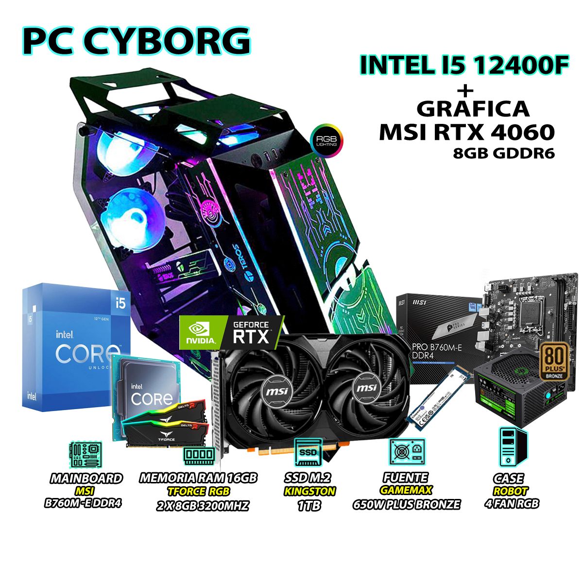 INTEL - Computadora PC Gamer Intel Core i5 12400F RAM 16GB SSD 1TB RTX 4060 8GB