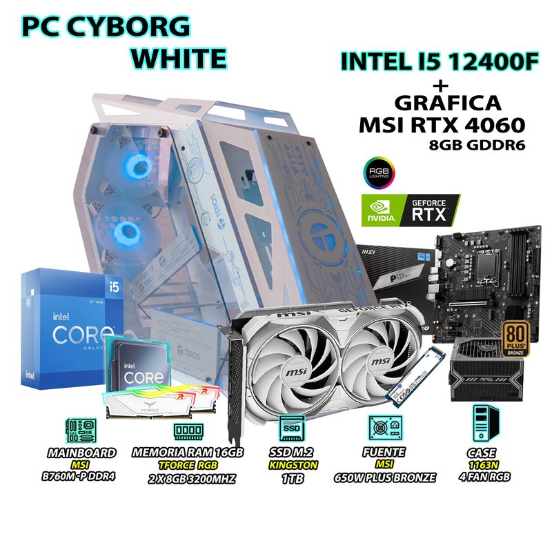 INTEL - Computadora PC Gamer White Intel Core i5 12400F RAM 16GB SSD 1TB RTX 4060 8GB