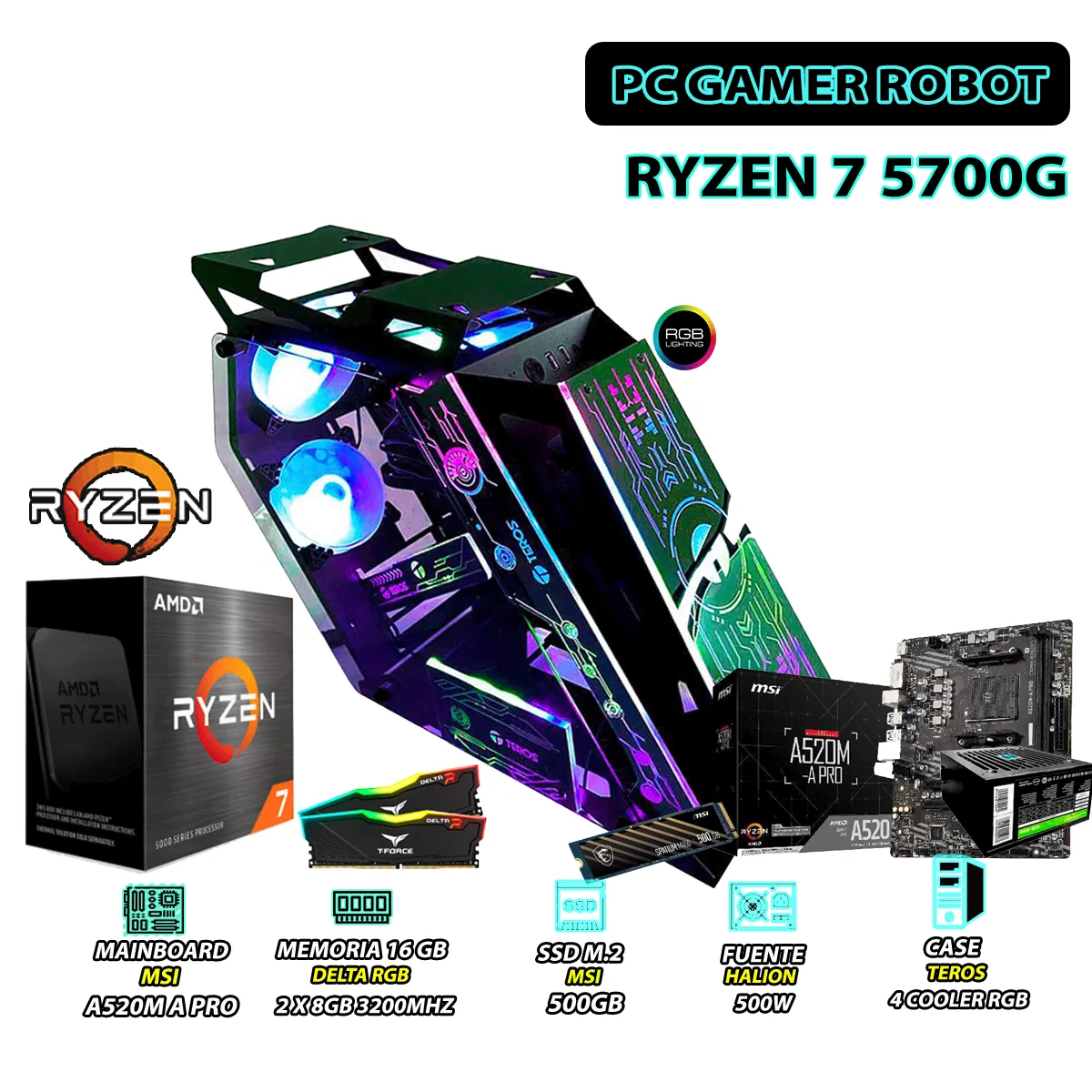 AMD - Computadora PC Ryzen 7 5700G RAM 16GB DISCO 500GB SSD CON GRAFICOS AMD RADEON