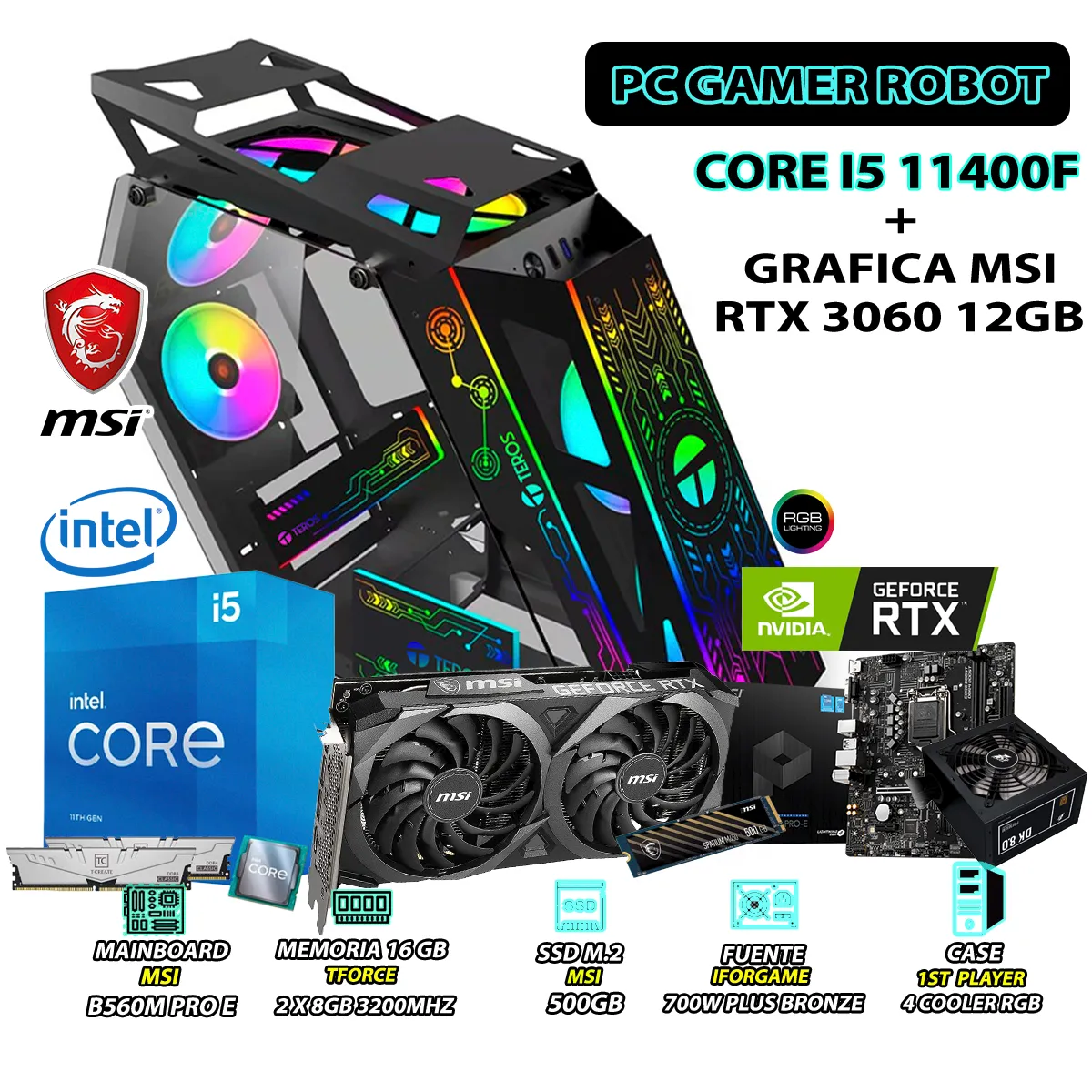INTEL - Computadora Gamer Robot Core i5 11400F RAM 16GB SSD 500GB RTX 3060 12GB