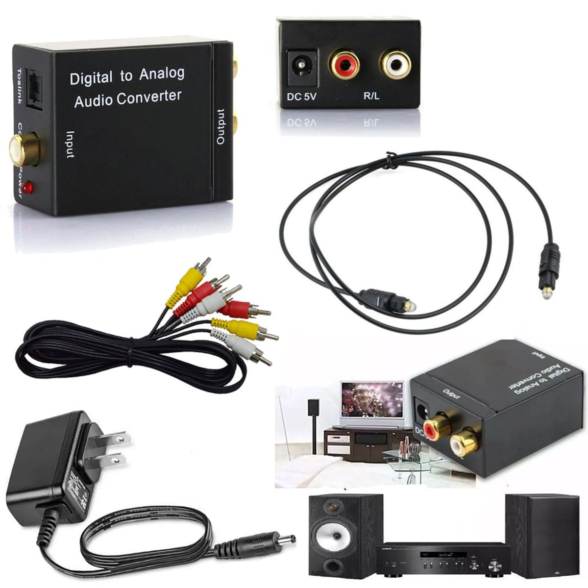 GENERICO - Kit Convertidor de Audio Optico Digital a RCA  cable optico rca aux