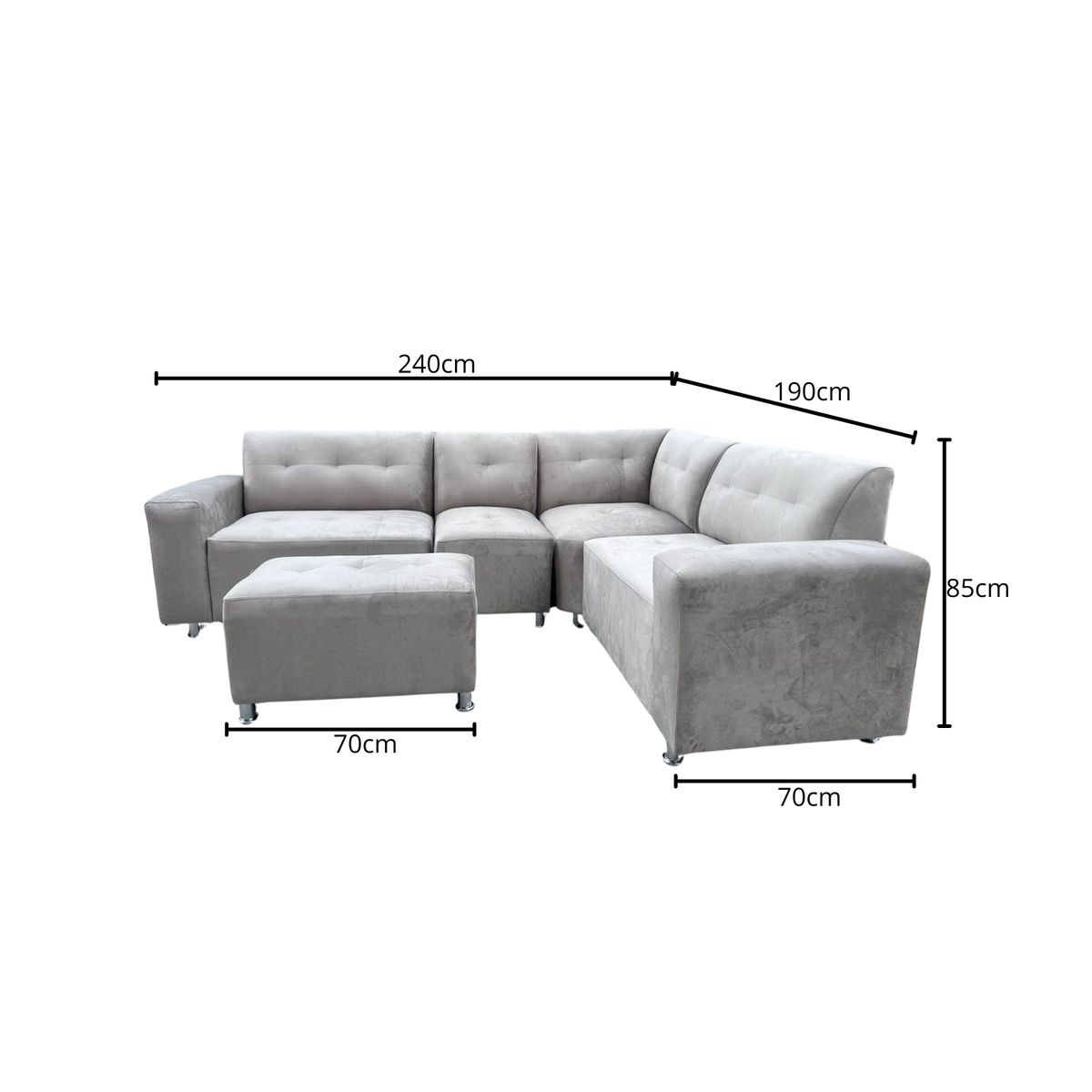 AMOBLART - Seccional Leyva 4 piezas - Banqueta + 6 cojines - Plata