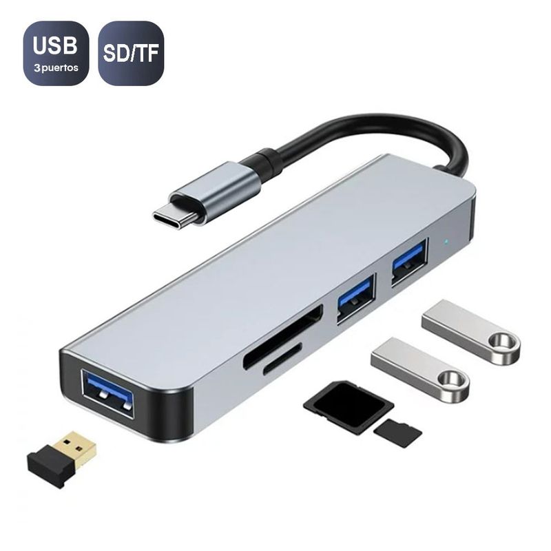 OEM - Adaptador HUB 5 en 1 Tipo C a 3 puertos USB y puerto SD/TF