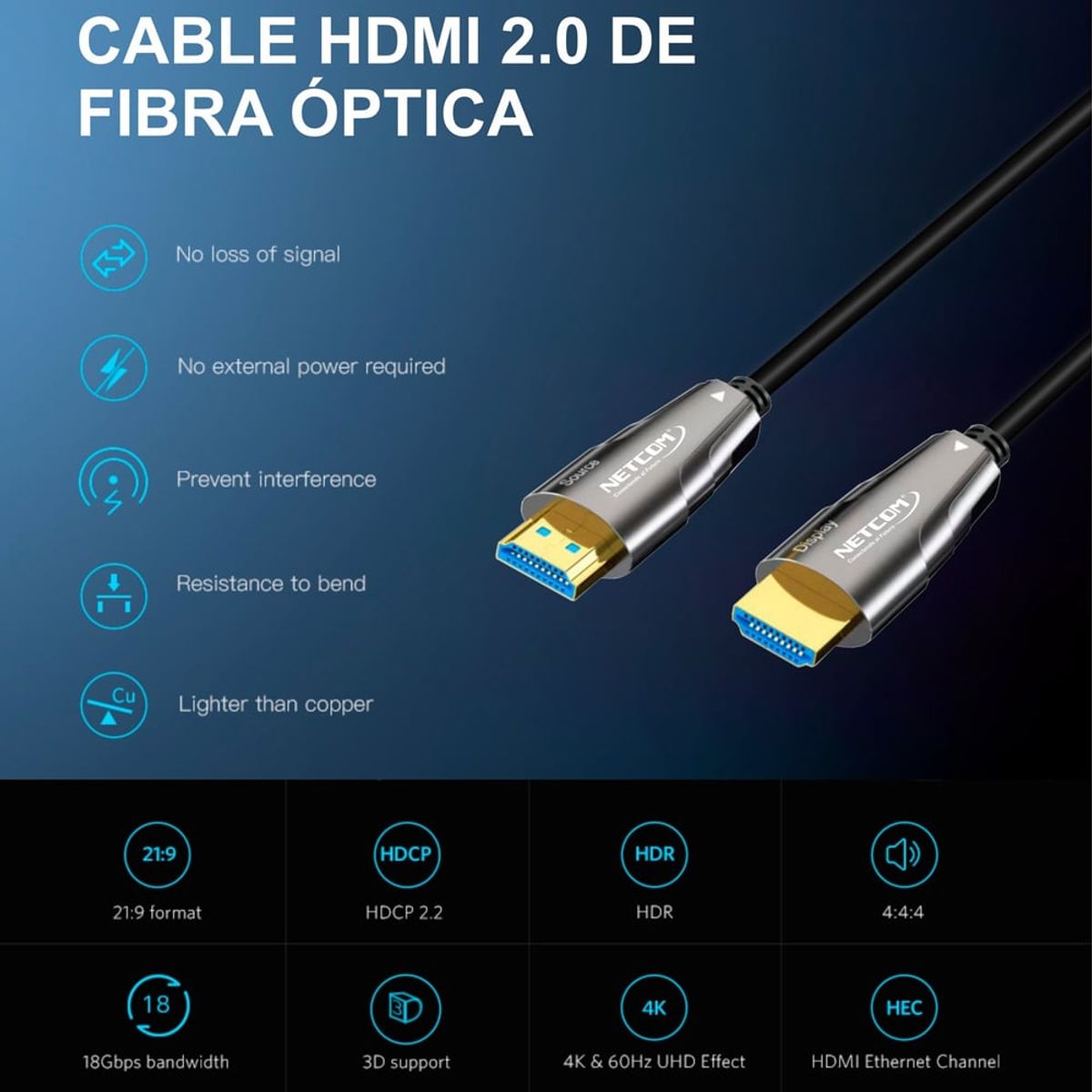 GENERICO - Cable Hdmi 2.0 Premium Fibra óptica 20 Metros HDCP 2.2 HDR ARC 3D
