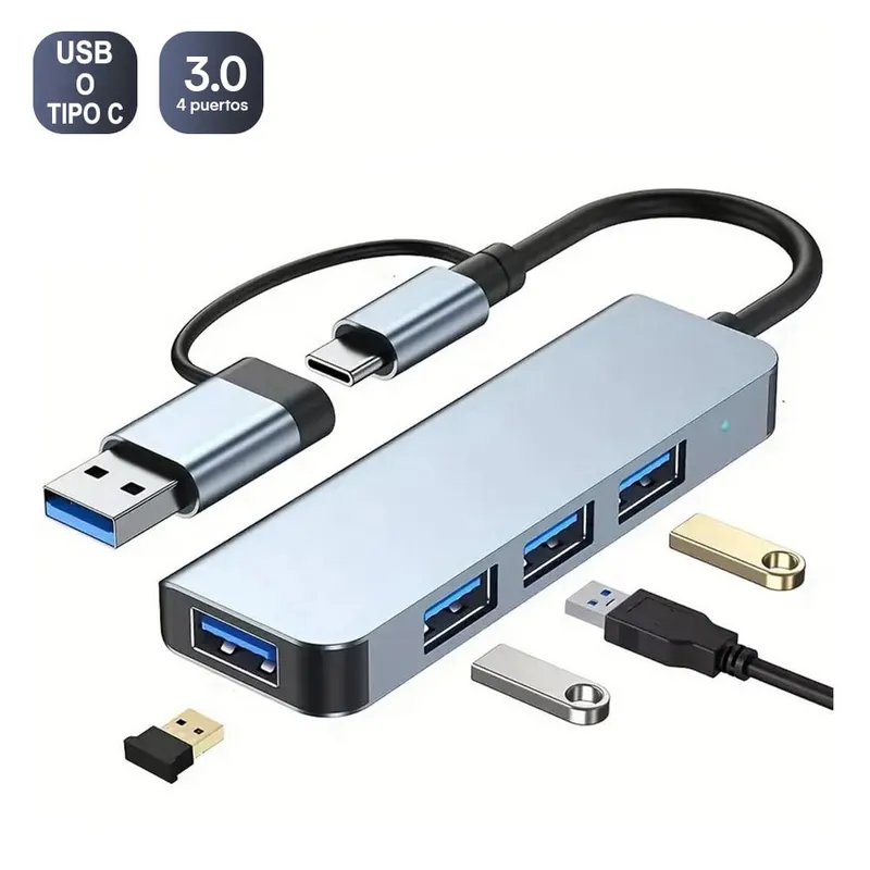 OEM - Adaptador Hub ALUMINIO Tipo C o USB 3.0 a 4 Puertos USB 3.0 con luz LED