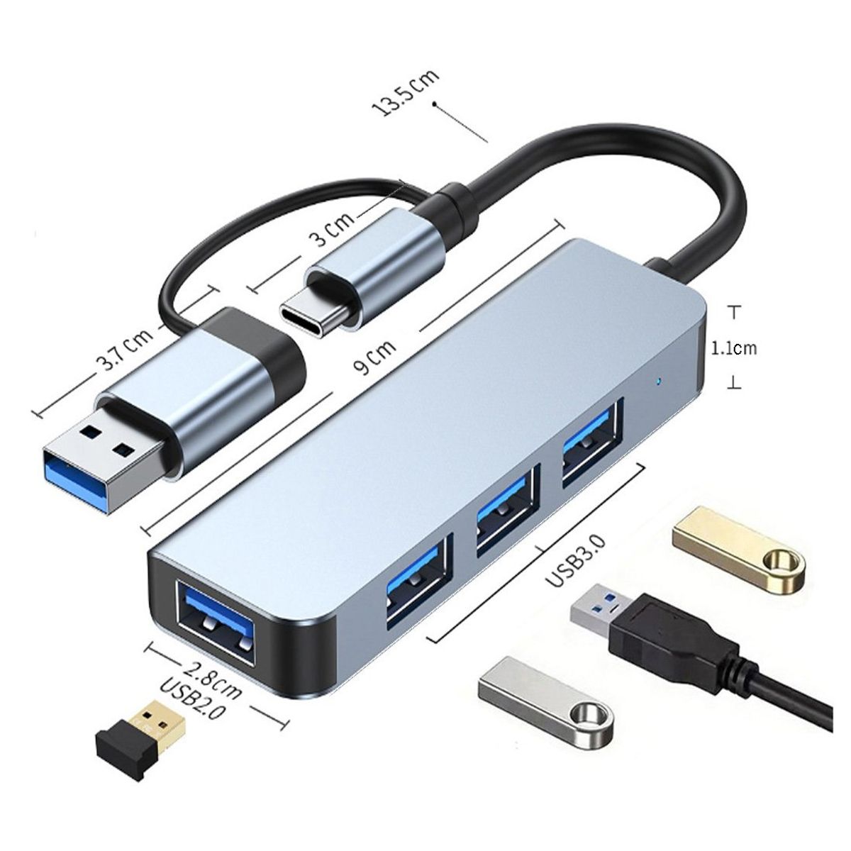 OEM - Adaptador Hub ALUMINIO Tipo C o USB 3.0 a 4 Puertos USB 3.0 con luz LED