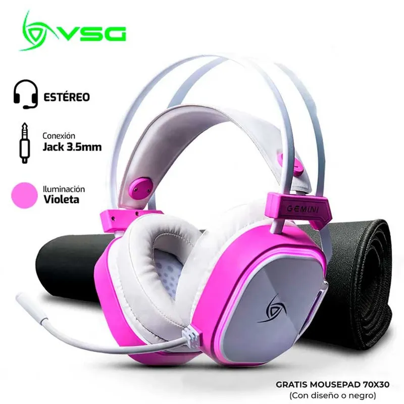 VSG - Audifono VSG GEMINI Blanco Gratis 1 Mousepad 70x30 Diseño Color Negro