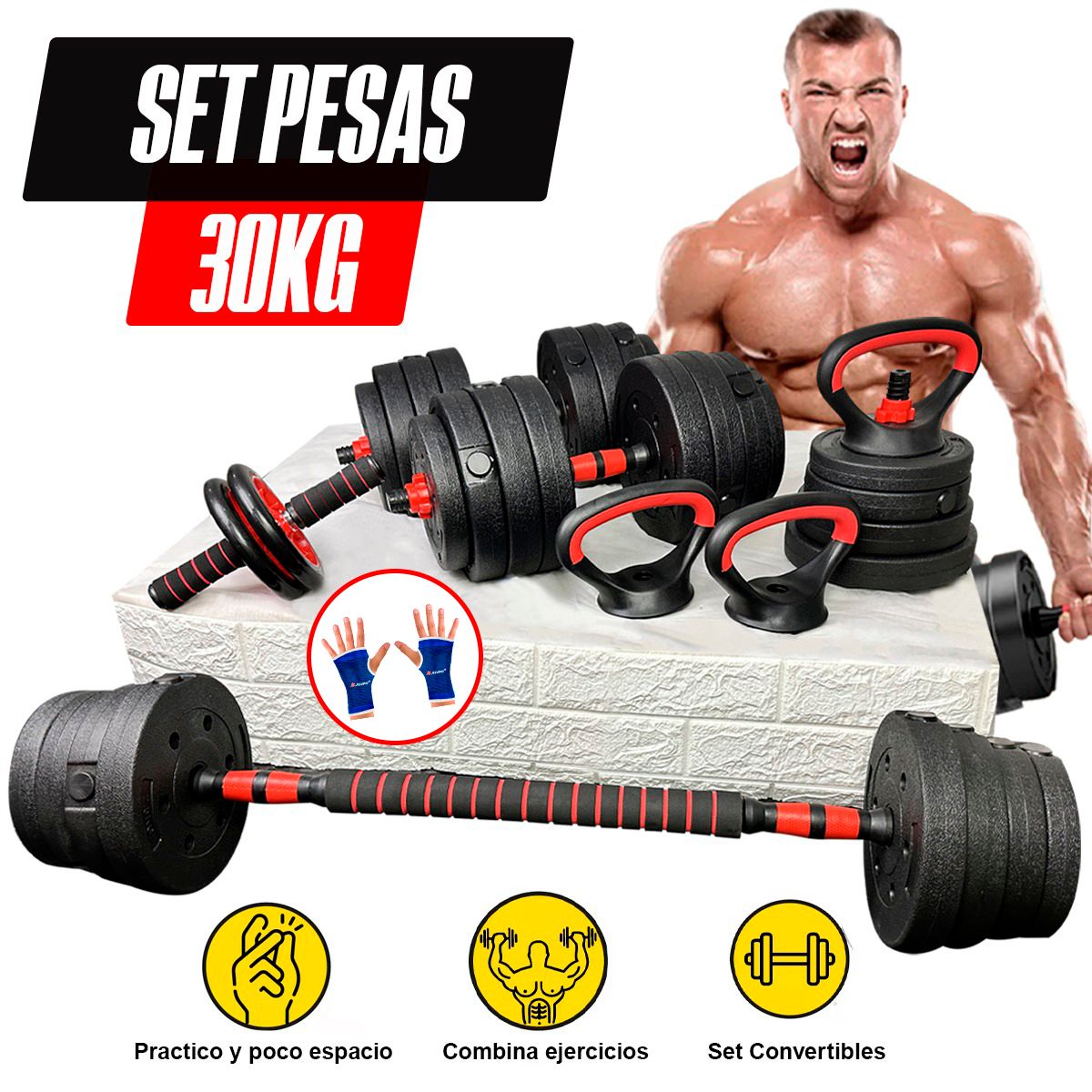 HOLGU - Mancuernas Set 30Kg Convertible + Barra + Rusas + Rueda AB + Guantes