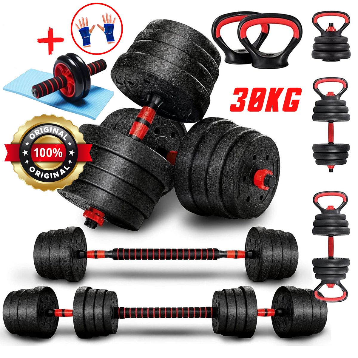 HOLGU - Mancuernas Set 30Kg Convertible + Barra + Rusas + Rueda AB + Guantes
