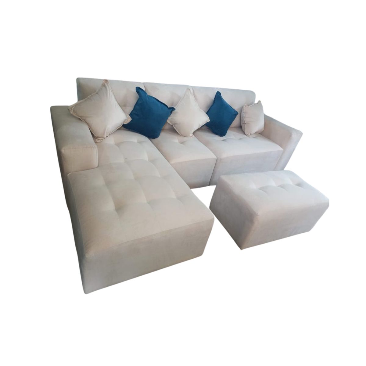 AMOBLART - Seccional L cama - 3 Piezas  - Banqueta + 5 cojines - Ivory