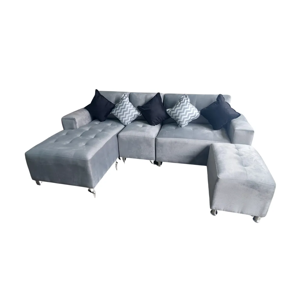 AMOBLART - Seccional L cama - 3 Piezas  - Banqueta + 5 cojines - Plata