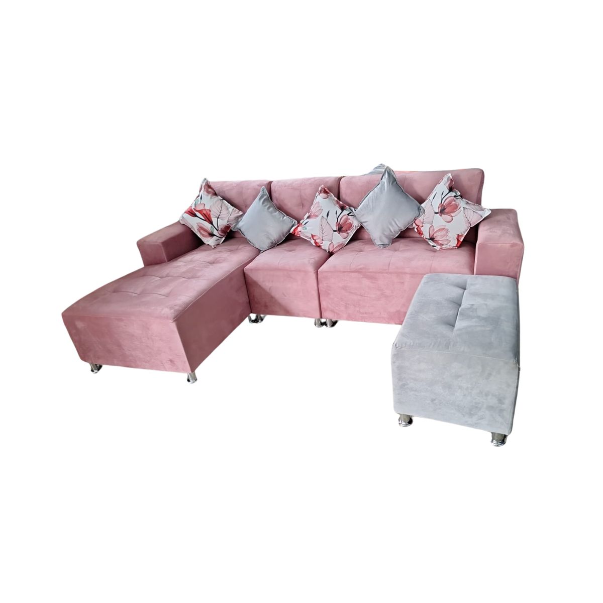 AMOBLART - Seccional L cama - 3 Piezas  - Banqueta + 5 cojines - Palo Rosa