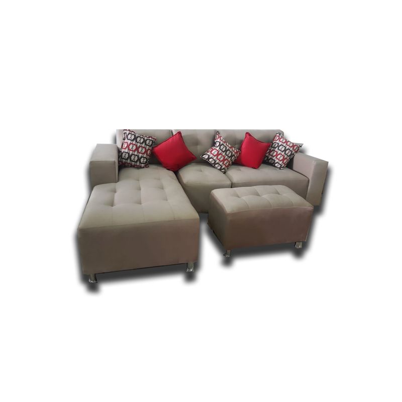 AMOBLART - Seccional L cama - 3 Piezas  - Banqueta + 5 cojines - Beige