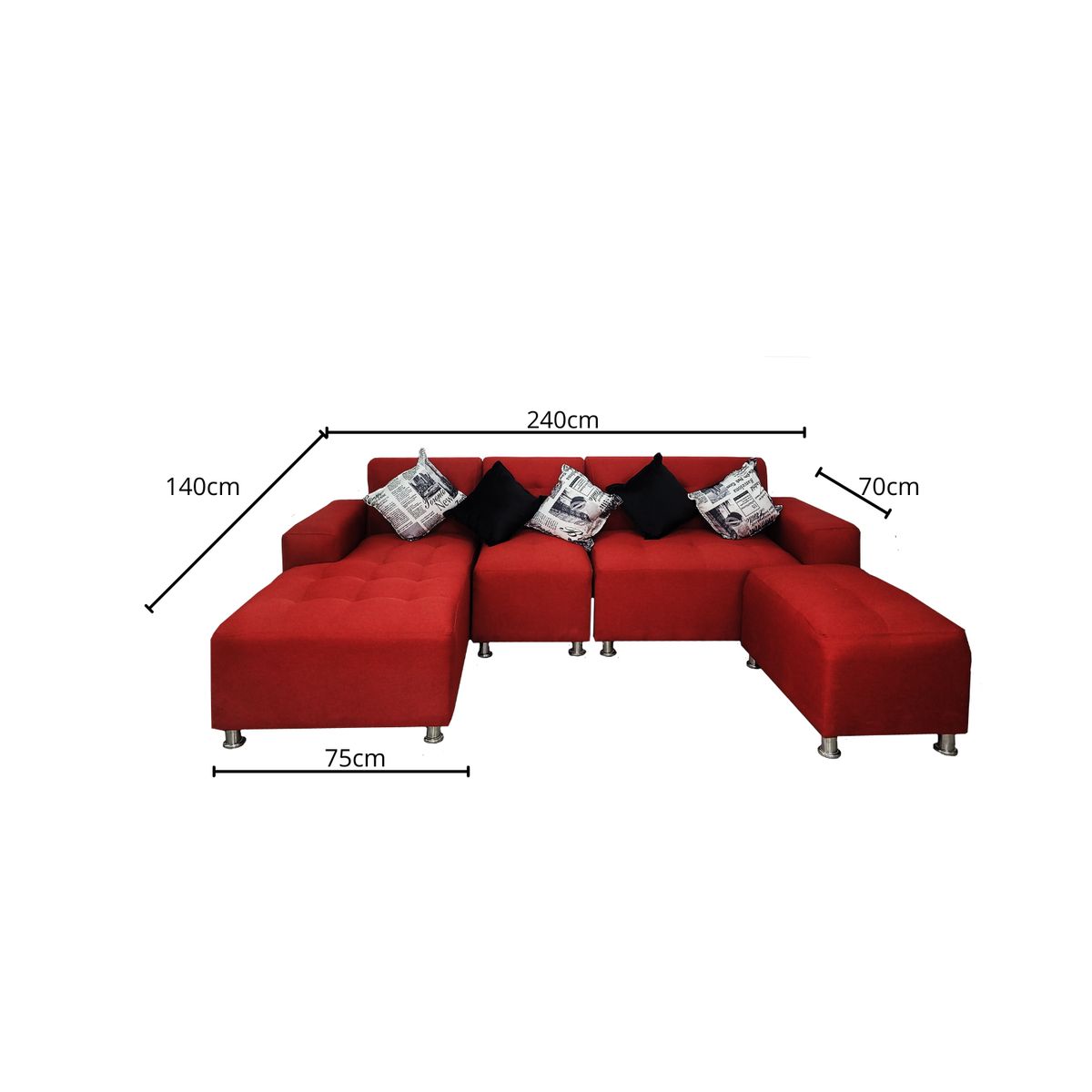 AMOBLART - Seccional L cama - 3 Piezas  - Banqueta + 5 cojines - Rojo