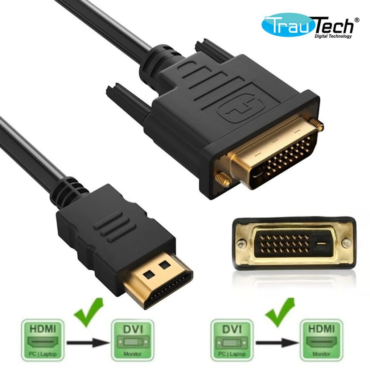 GENERICO - Cable Dvi 24+1 a Hdmi PVC 1.8 Metros TRAUTECH 24+1 Pines BIDIRECCIONAL