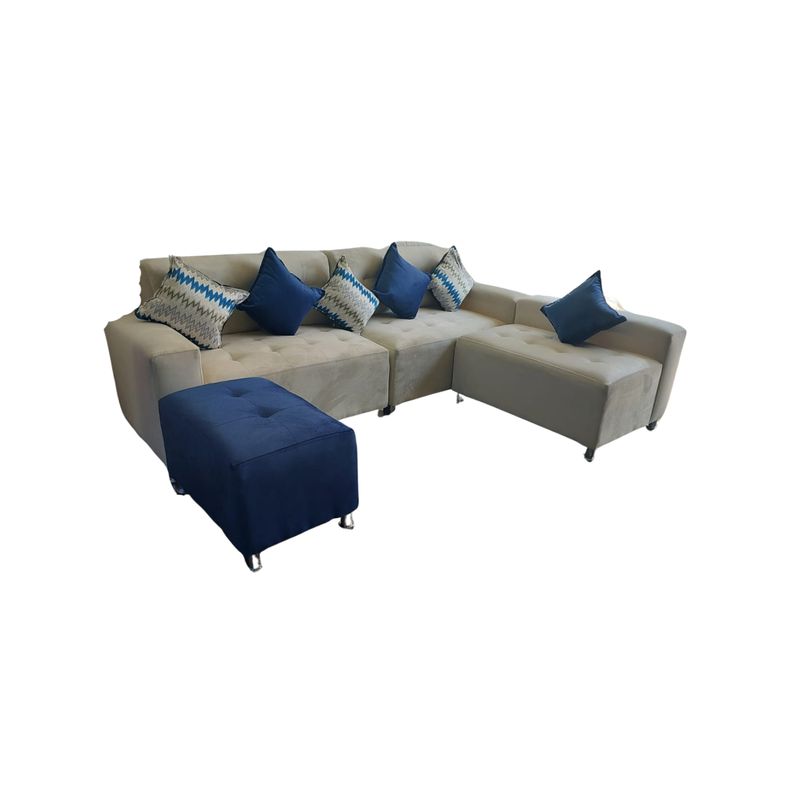 AMOBLART - Seccional Paradisse 4 Piezas + Banqueta + 6 cojines  - Beige con Azul