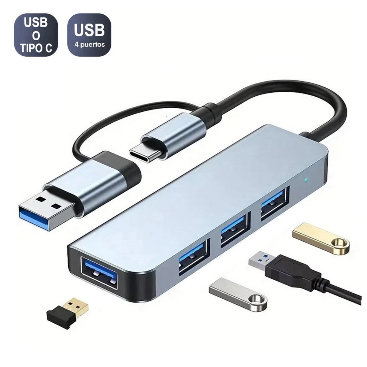 OEM - Adaptador Hub ALUMINIO Tipo C o USB 3.0 a 4 Puertos USB LED