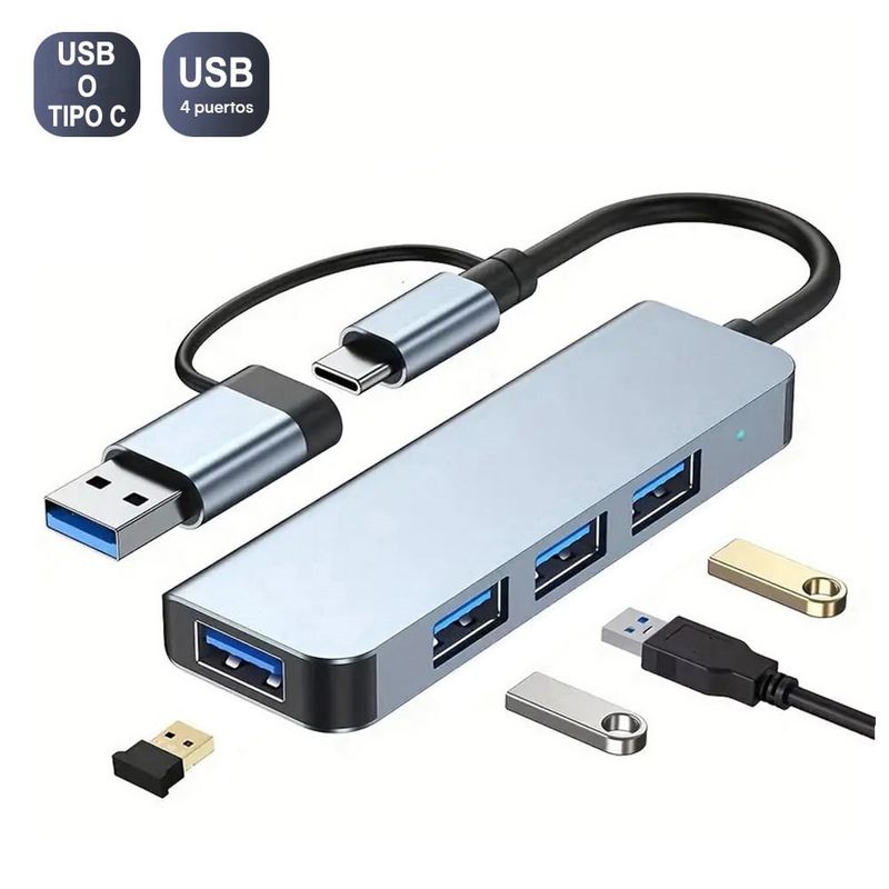 OEM - Adaptador Hub ALUMINIO Tipo C o USB 3.0 a 4 Puertos USB LED