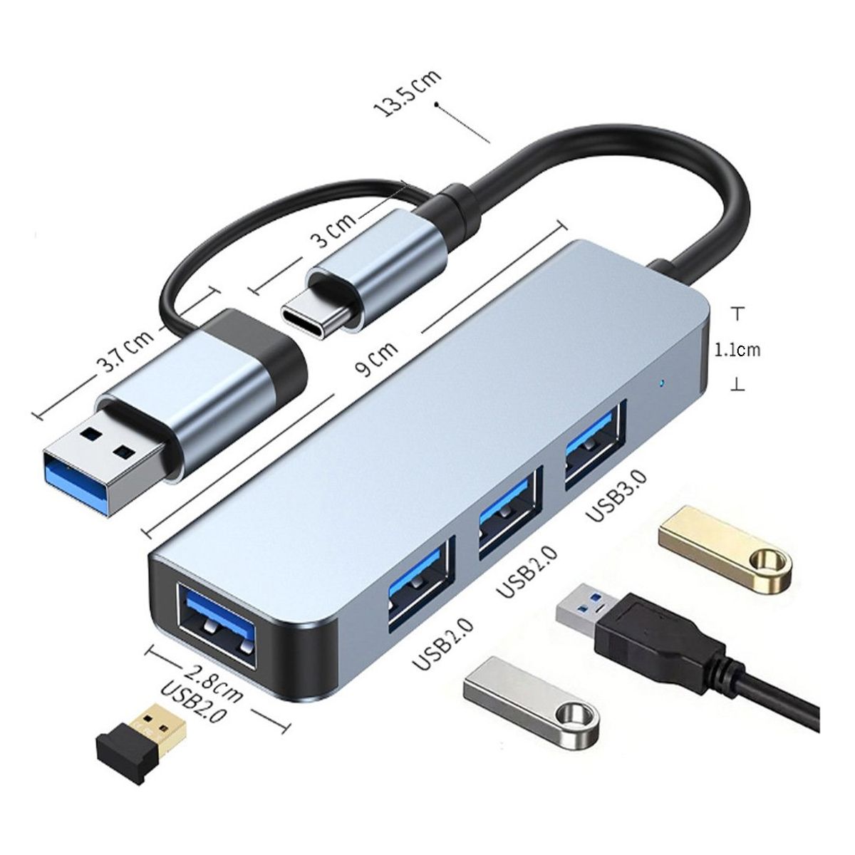 OEM - Adaptador Hub ALUMINIO Tipo C o USB 3.0 a 4 Puertos USB LED