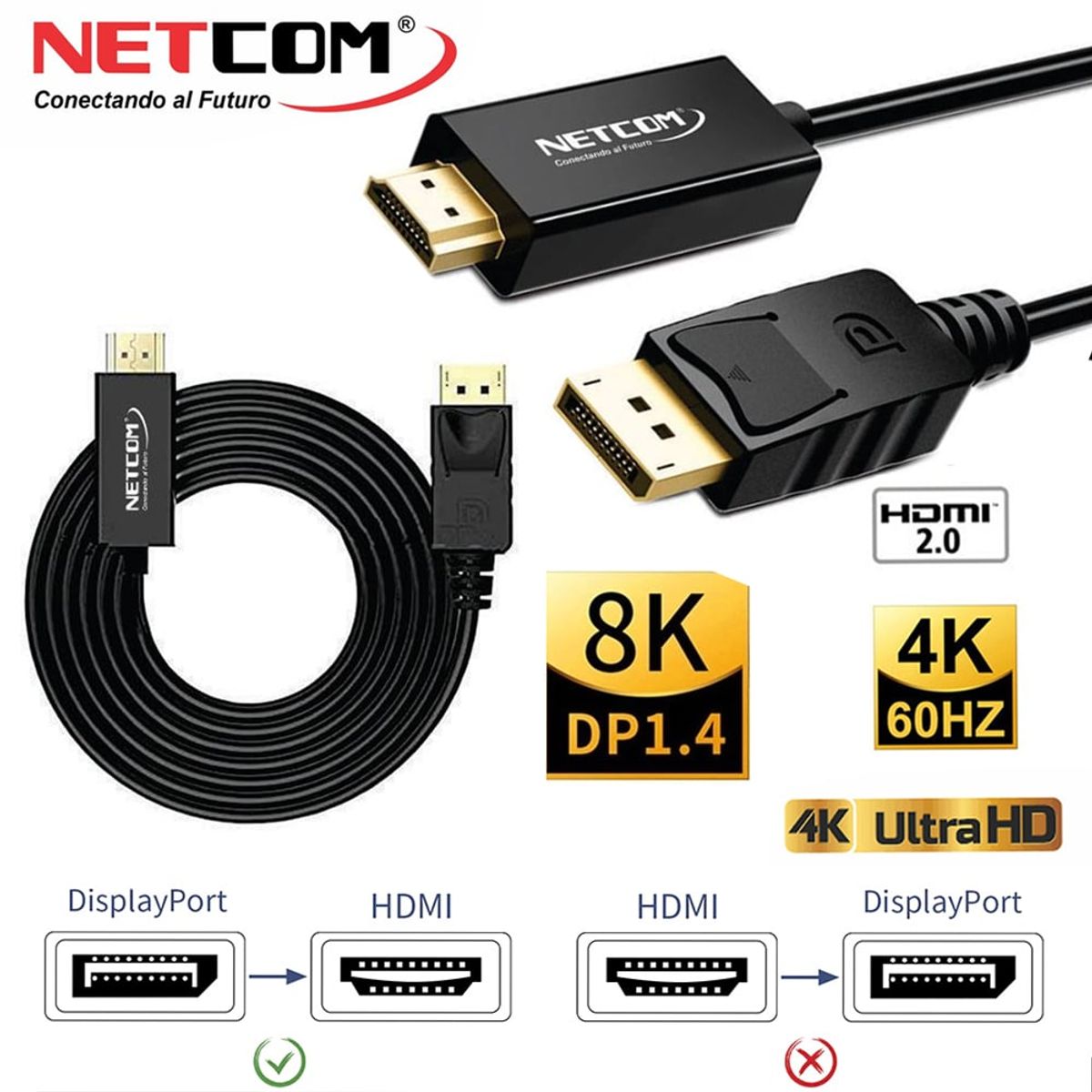 NETCOM - Cable Displayport a HDMI Netcom Pvc Macho 5 Metros 4k DP a HDMI 60hz