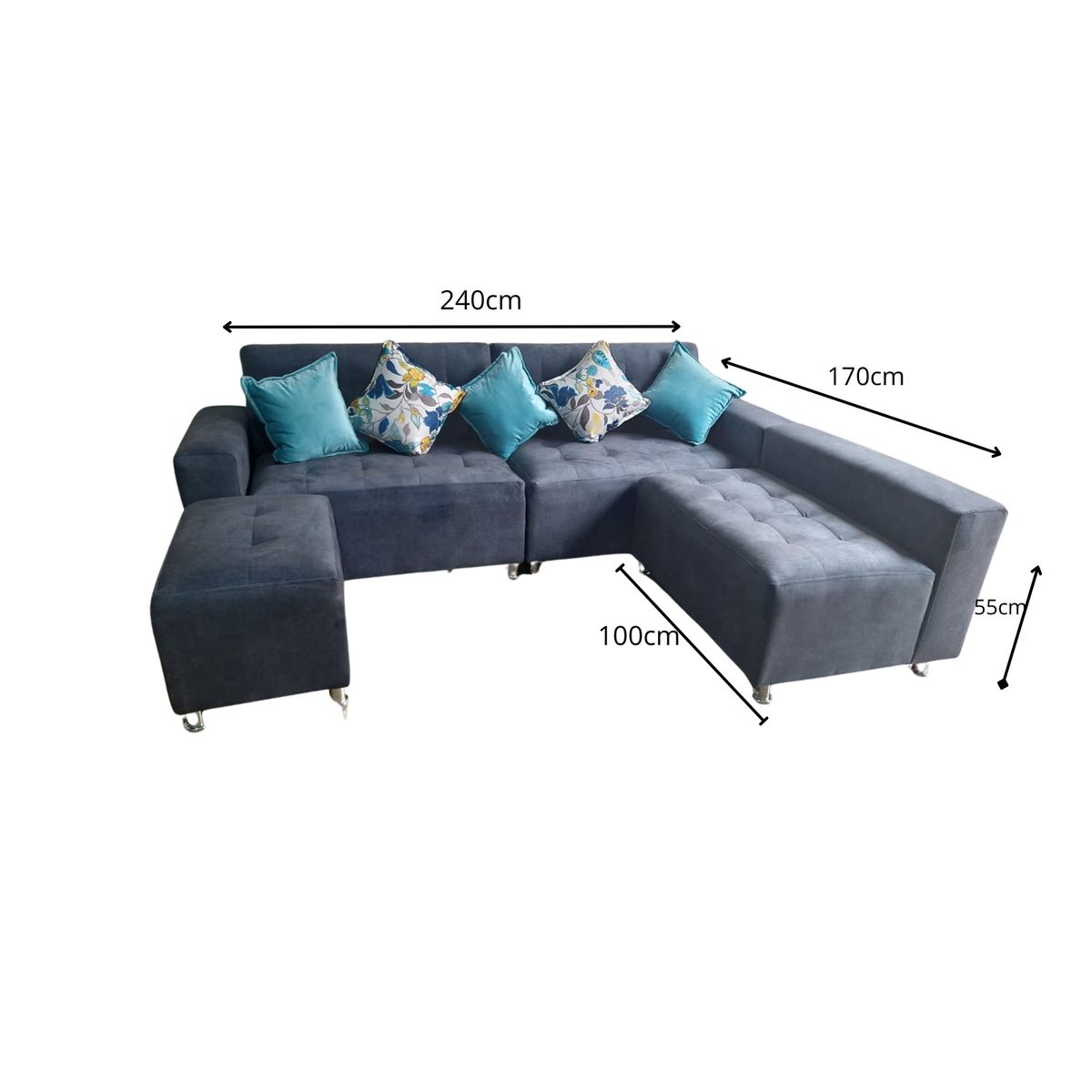 AMOBLART - Seccional Paradisse 3 Piezas + Banqueta + 4 cojines  - Gris Oscuro