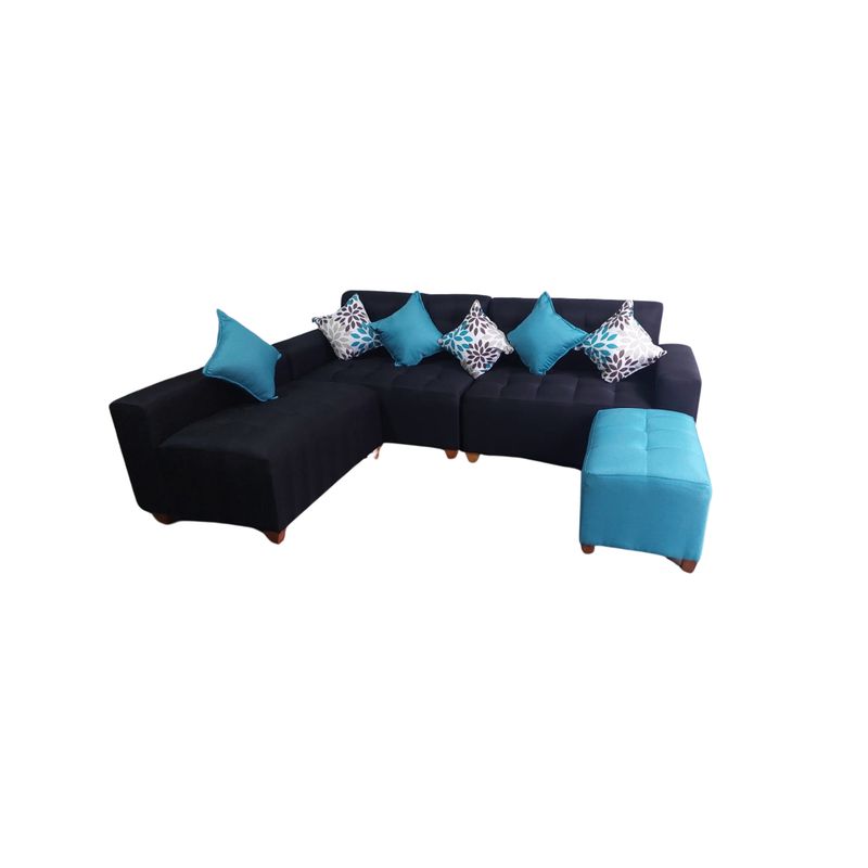 AMOBLART - Seccional Paradisse 4 Piezas + Banqueta + 6 cojines  - Negro con Turquesa