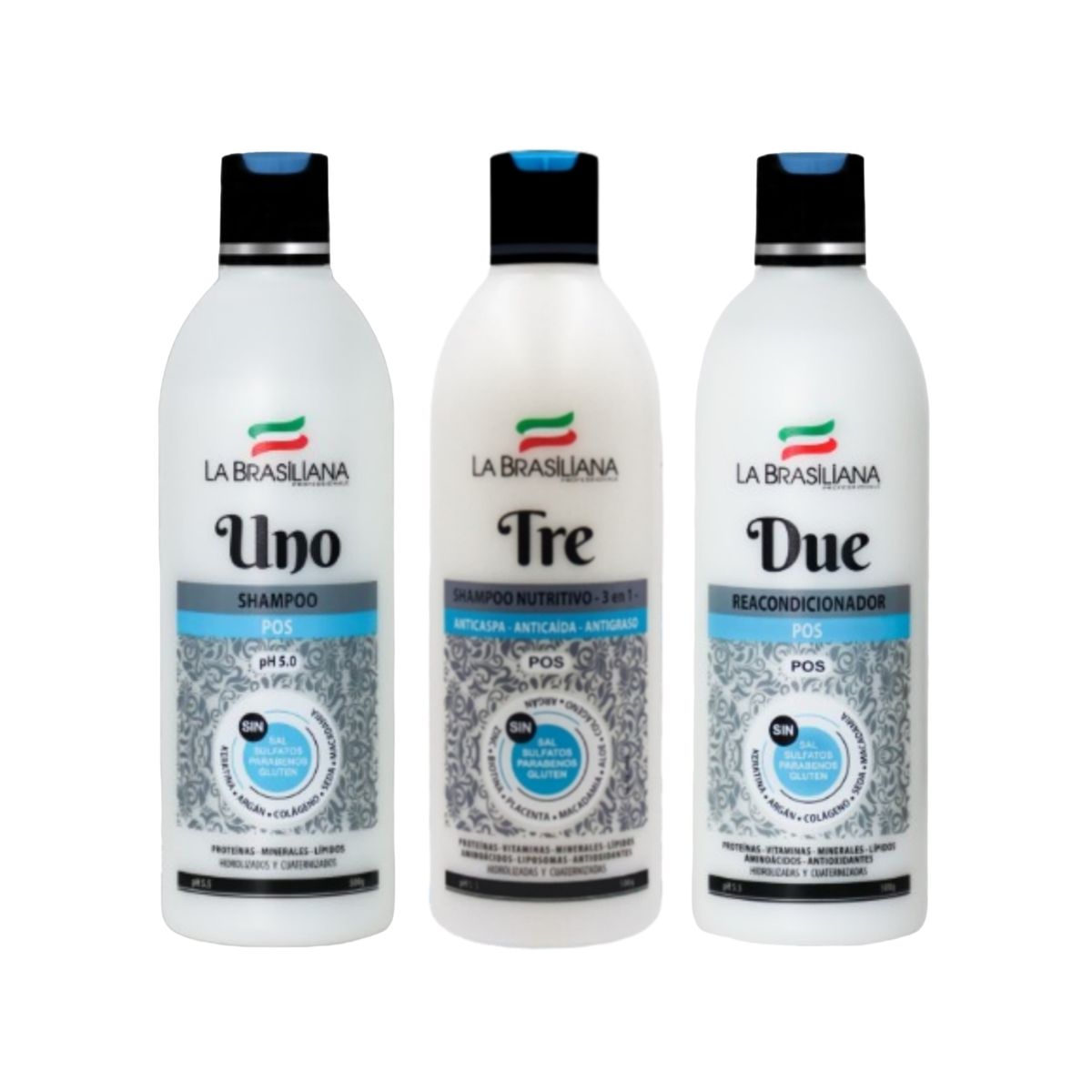LA BRASILIANA - Pack - Shampoo UNO + Shampoo TRE + Reacondicionador DUE Sin SAL